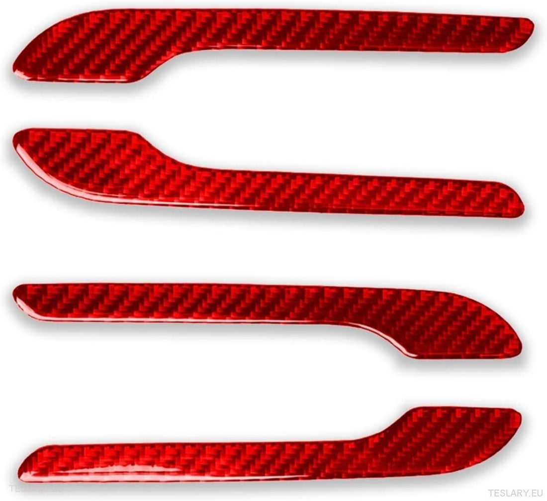 Red 3D dome carbon-fibre style Tesla Model 3/Y door handle cover kit installed on handle  -  Teslary product image