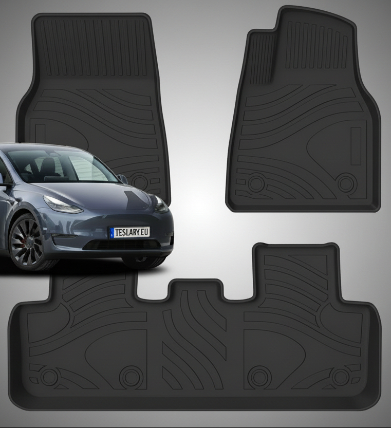Four black rubber car floor mats shown against a pale gray background, with a dark gray car partially visible behind one mat to indicate fitment. No visible brand markings are present.