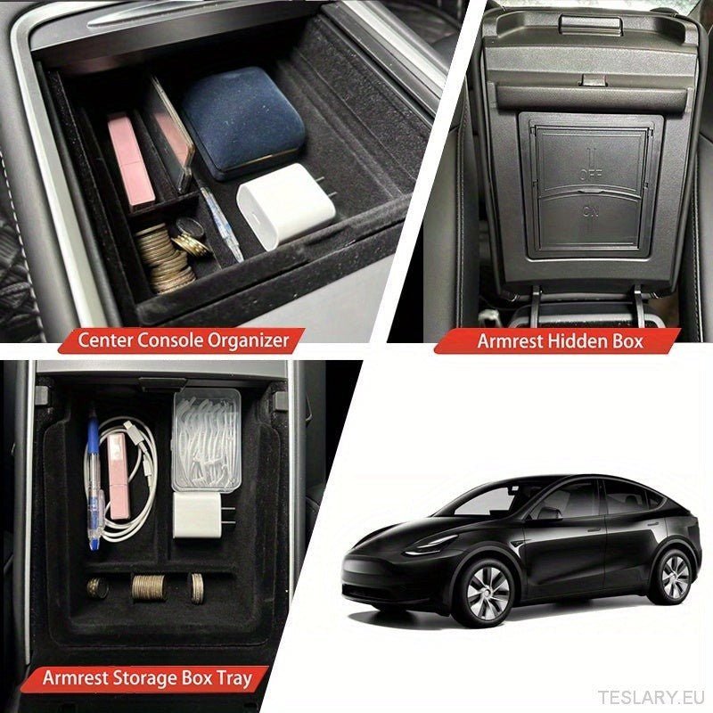 3PCS Center Console Organizer Tray Fit For Tesla Model 3 / Y Armrest Hidden Cubby Drawer Storage Box Interior Accessories - TESLARY Tesla Shop Accessories Europe Nederlands Ireland Deutschland Espana Alicante France Italia