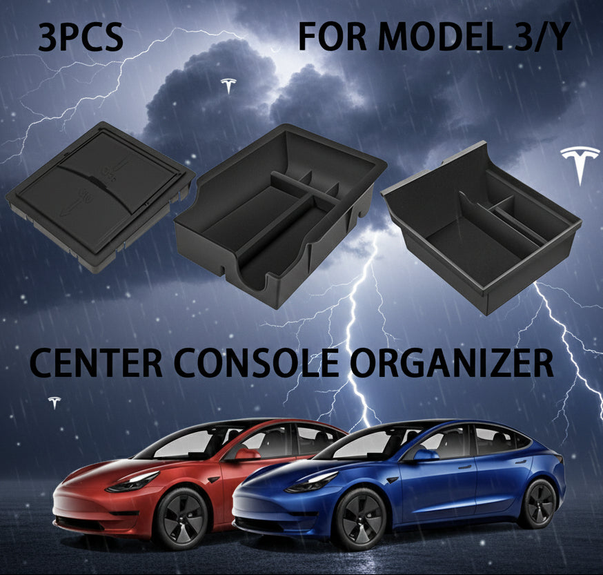 3PCS Center Console Organizer Tray Fit For Tesla Model 3 / Y Armrest Hidden Cubby Drawer Storage Box Interior Accessories - TESLARY Tesla Shop Accessories Europe Nederlands Ireland Deutschland Espana Alicante France Italia