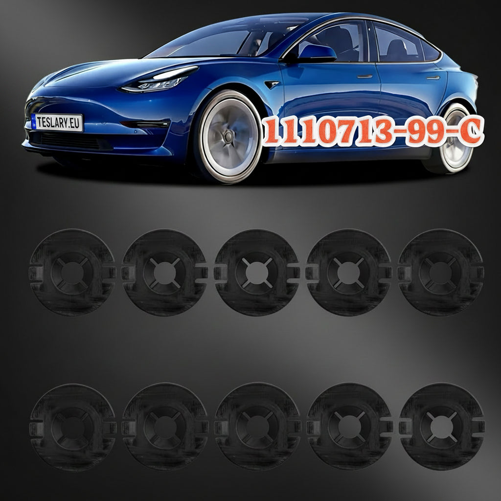 An automotive parts diagram showing a black circular component labeled 1110713-99-C, with a line drawing of a vehicle body panel indicating mounting locations marked with red circles. TESLA_111071399C_BUY_FROM_EUROPES_TESLA_ACCESSORIES_SPECIALISTS_TESLARY.EU_TESLARY.IE_TESLARY.PT_TESLARY.ES_TESLARY.NL_TESLARY.FR