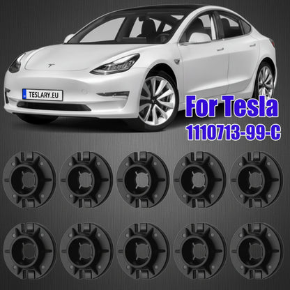 An automotive parts diagram showing a black circular component labeled 1110713-99-C, with a line drawing of a vehicle body panel indicating mounting locations marked with red circles. TESLA_111071399C_BUY_FROM_EUROPES_TESLA_ACCESSORIES_SPECIALISTS_TESLARY.EU_TESLARY.IE_TESLARY.PT_TESLARY.ES_TESLARY.NL_TESLARY.FR