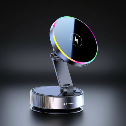 A modern wireless charging stand with a circular black charging pad featuring a colorful RGB LED ring, supported by a dark gray adjustable metal arm and a silver base with a suction cup.