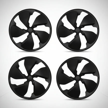 Four black fan-style wheel covers arranged in a 2x2 grid on a white background, with a vertical dimension marker between the top two showing 48 inches (121 cm).