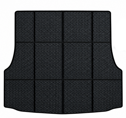 A black cargo liner with a textured grid pattern, shown next to a blue Tesla Model S with text reading 'Cargo liners For Model S' on a white background.