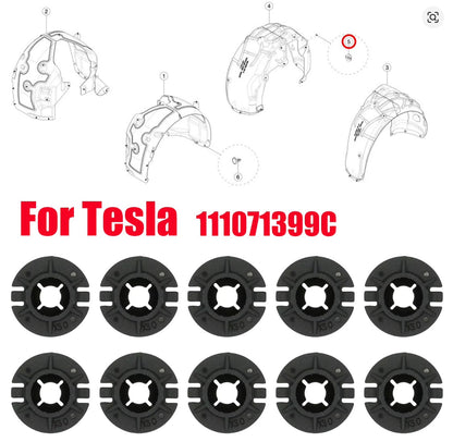 A product diagram showing black circular wheel hub covers arranged in two rows, with line drawings of corresponding fender mounting points above and large red text reading 'For Tesla 111071399C' on a white  TESLA_111071399C_BUY_FROM_EUROPES_TESLA_ACCESSORIES_SPECIALISTS_TESLARY.EU_TESLARY.IE_TESLARY.PT_TESLARY.ES_TESLARY.NL_TESLARY.FRbackground.