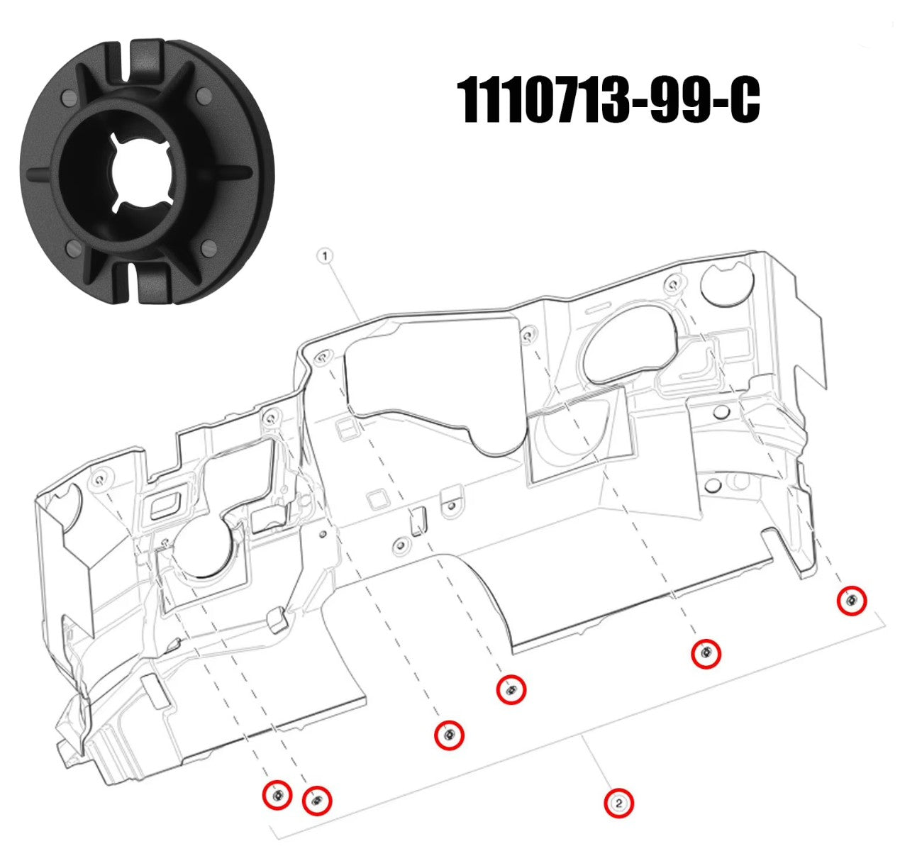 An automotive parts diagram showing a black circular component labeled 1110713-99-C, with a line drawing of a vehicle body panel indicating mounting locations marked with red circles. TESLA_111071399C_BUY_FROM_EUROPES_TESLA_ACCESSORIES_SPECIALISTS_TESLARY.EU_TESLARY.IE_TESLARY.PT_TESLARY.ES_TESLARY.NL_TESLARY.FR