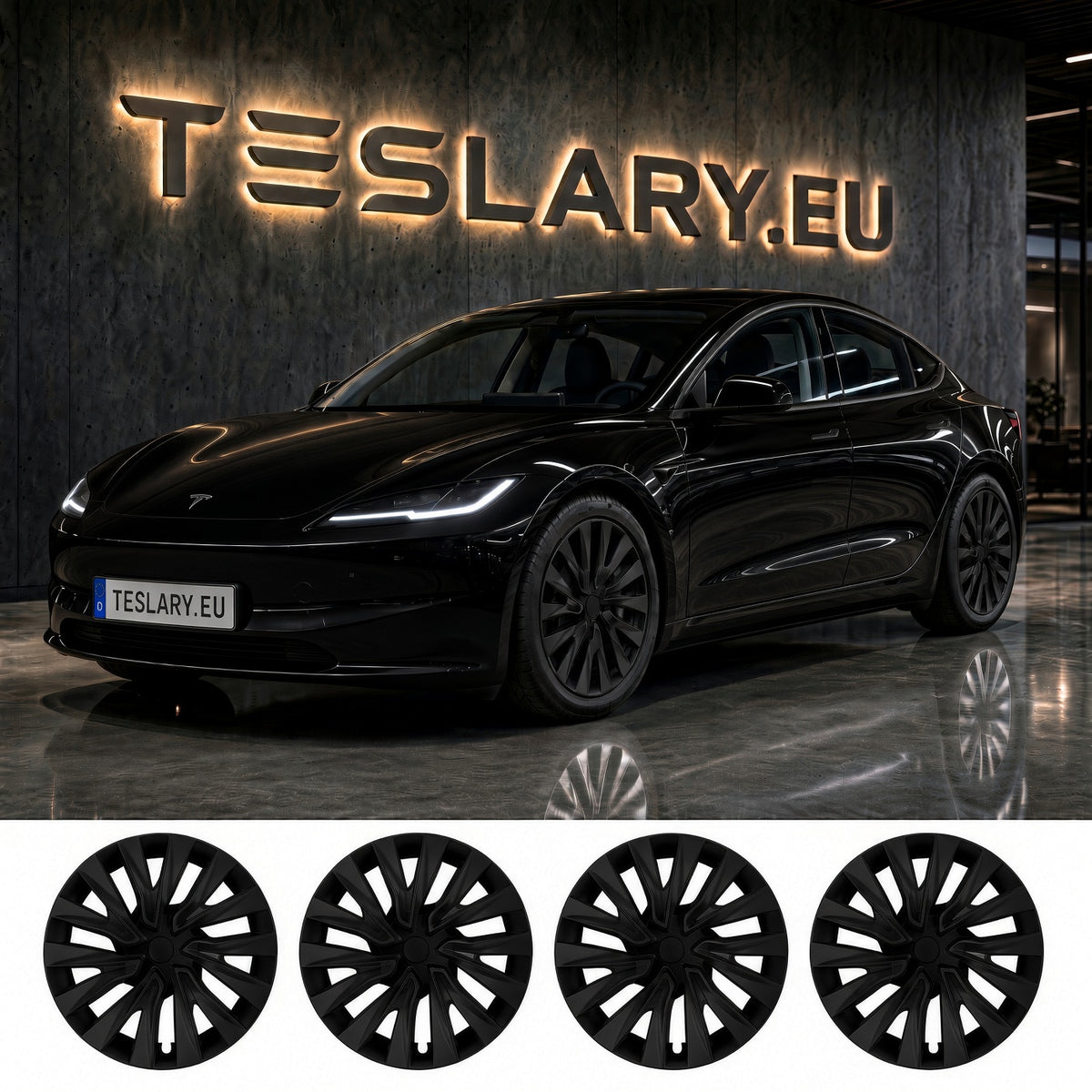 A black Tesla 3 Highland Plaid shown in a showroom with a large illuminated TESLARY.EU sign behind it, plus four matching black wheel covers displayed along the bottom on a white background. TESLA MODEL 3 HIGHLAND 18 INCH MATTE BLACK PERFORMANCE WHEEL COVERS HUB CAPS WITH FREE FEDEX DELIVERY ACROSS EUROPE FROM IRELAND AND EUROPES TESLARY.EU
