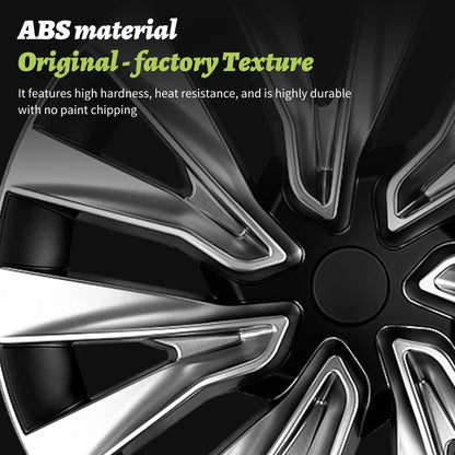 Close-up of a black and silver alloy wheel rim with promotional text reading 'ABS material Original - factory Texture' and a description of high hardness and heat resistance.