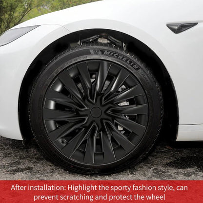 Close-up of a black car wheel on a white car with text about wheel protection. TESLA MODEL 3 HIGHLAND 18 INCH MATTE BLACK PERFORMANCE WHEEL COVERS HUB CAPS WITH FREE FEDEX DELIVERY ACROSS EUROPE FROM IRELAND AND EUROPES TESLARY.EU