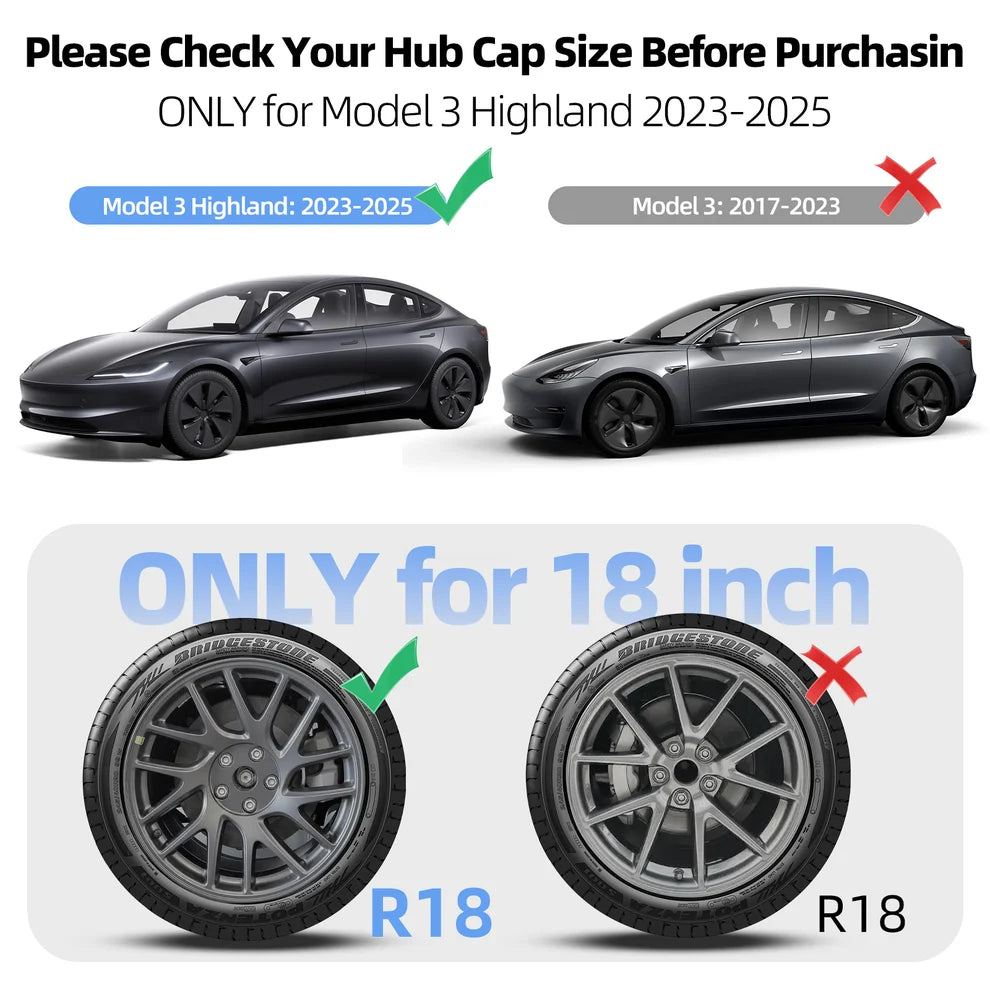 A product information graphic for a Tesla Model 3 Highland 2023-2025 vehicle, showing two gray cars and two wheel tires to indicate the correct hub cap size and tire specification (18 inch). Text reads 'Please Check Your Hub Cap Size Before Purchasin' and 'ONLY for Model 3 Highland 2023-2025' with green check marks and red X marks. TESLA MODEL 3 HIGHLAND 18 INCH MATTE BLACK PERFORMANCE WHEEL COVERS HUB CAPS WITH FREE FEDEX DELIVERY ACROSS EUROPE FROM IRELAND AND EUROPES TESLARY.EU