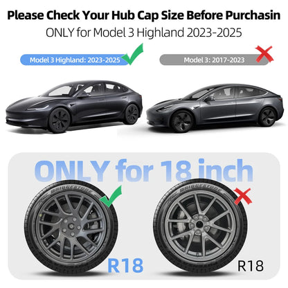 A product information graphic for a Tesla Model 3 Highland 2023-2025 vehicle, showing two gray cars and two wheel tires to indicate the correct hub cap size and tire specification (18 inch). Text reads 'Please Check Your Hub Cap Size Before Purchasin' and 'ONLY for Model 3 Highland 2023-2025' with green check marks and red X marks. TESLA MODEL 3 HIGHLAND 18 INCH MATTE BLACK PERFORMANCE WHEEL COVERS HUB CAPS WITH FREE FEDEX DELIVERY ACROSS EUROPE FROM IRELAND AND EUROPES TESLARY.EU