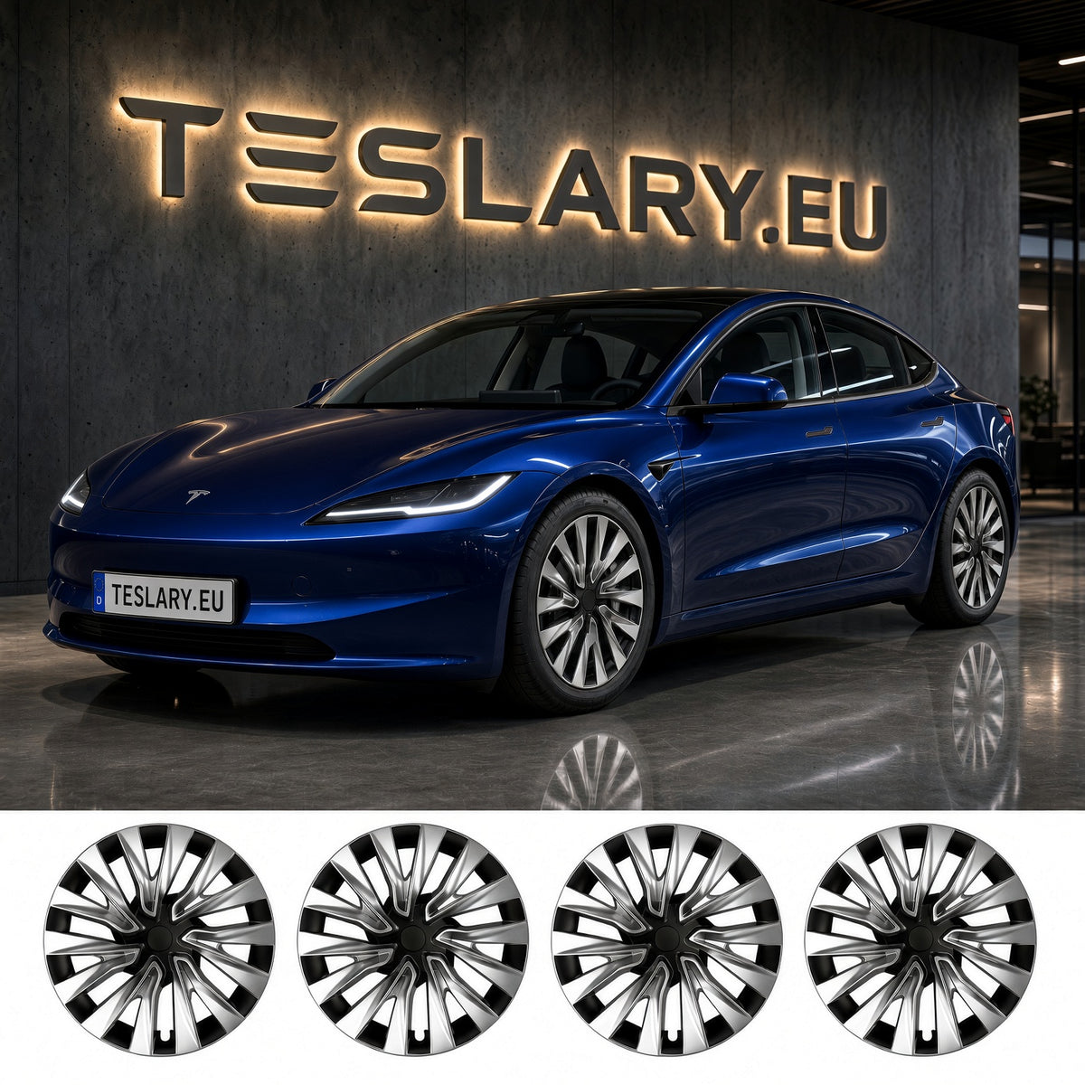 A blue Tesla Model 3 Highland shown in a showroom with a large TESLARY.EU sign on the wall behind it. TESLA MODEL 3 HIGHLAND NOVA WHEEL COVERS PERFORMANCE HUB CAPS BUY FROM IRELAND AND EUROPES TESLARY.EU WITH FREE DELIVERY ACROSS EUROPE WITH FEDEX