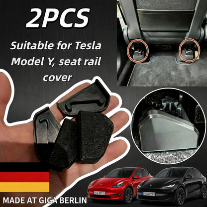 Four black seat rail covers held in a hand, with text stating '2PCS Suitable for Tesla Model Y, seat rail cover,' two inset photos showing installation on a car seat and floor area, and Tesla Model Y cars at the bottom. Tesla Model Y Giga Berlin Style Seat Rails Buy From Ireland and Europes Teslary.eu
