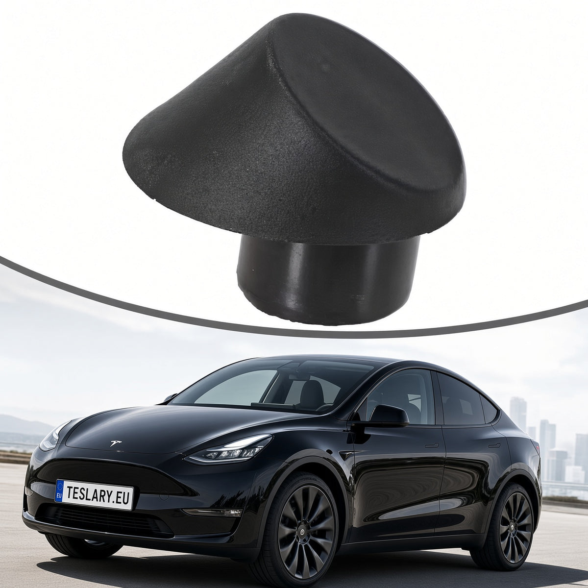 A black rubber or foam dome-shaped cap or plug shown above a black Tesla Model Y on a road with a city skyline in the background. The product appears to be the black cap, with the car used as contextual imagery rather than the product itself. Tesla Trunk Rubber Stopper 1507940-00-C and 1507942-00-C Buy from Ireland and Europes teslary.eu
