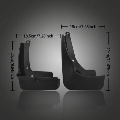 Black plastic vehicle mudflaps shown from the side with overlaid dimension labels and measurement lines indicating 25cm/9.84 inches, 18.