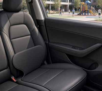 A black leather car seat with an integrated lumbar support cushion, shown from the side with the car door panel and a blurred outdoor playground in the background.