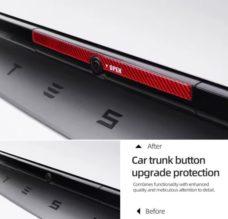 Carbon Fiber Trunk Button Trim Red or Black for Tesla Model Y Juniper 2025 Onwards - TESLARY Buy Tesla Shop Accessories Europe Nederlands Dublin Cork Ireland Deutschland Espana Iceland Finland France Italia