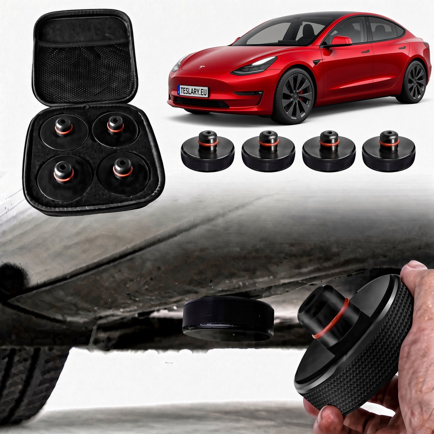JACK PADS FOR TESLA , BYD , MG AND OTHER EVs , TESLA & BYD ACCESSORIES FROM IRELAND AND EUROPES TESLARY.EU WITH FREE DELIVERY ON ORDERS OVER €75 Black magnetic tire pressure monitoring sensor kits shown with a black carrying case, five loose sensors, a red Tesla car, and a hand demonstrating installation under the vehicle.