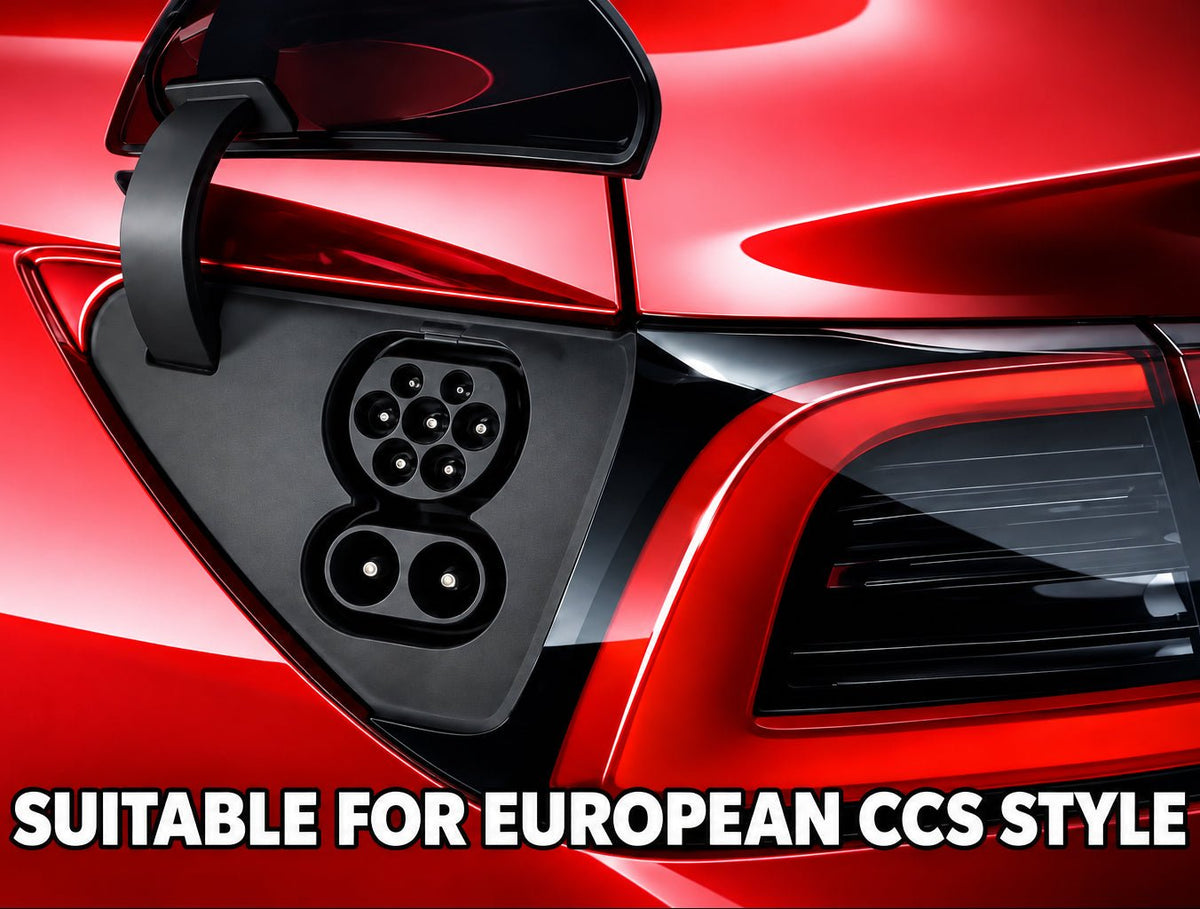 Close-up of a red electric vehicle charging port flap open, showing the charging connector area on the rear side panel. Tesla-Model-Y-3-replacement-charger-port-door-1084854-99-J-ccs-nacs-buy-from-ireland-europes-teslary