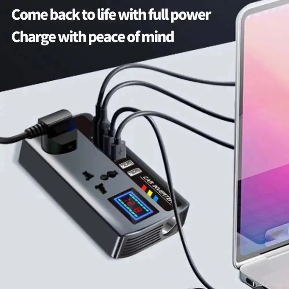 Multiport Car Power Inverter: 12V/24V to 220V with 9 Charging Ports - EV Compatible - TESLARY Tesla Shop Accessories Europe Nederlands Ireland Deutschland Espana Alicante France Italia
