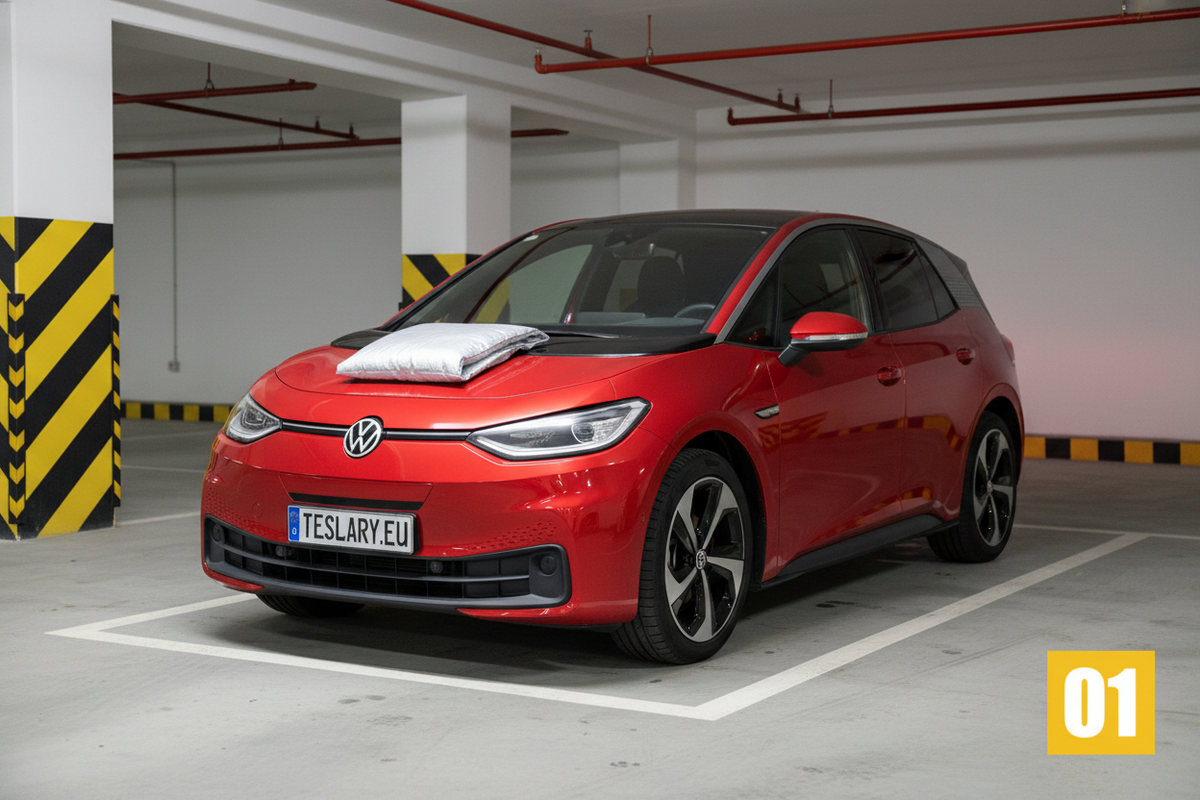 A red Volkswagen e-uplateur electric hatchback parked in a concrete parking garage. A white pillow is placed on the hood of the car.