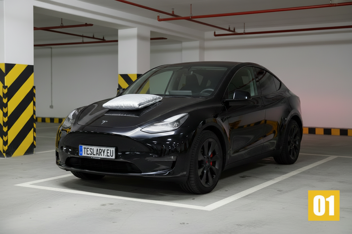 A black Tesla Model Y parked in a concrete parking garage. The car features a custom white hood ornament and a custom license plate reading 'TESLARY EU'.