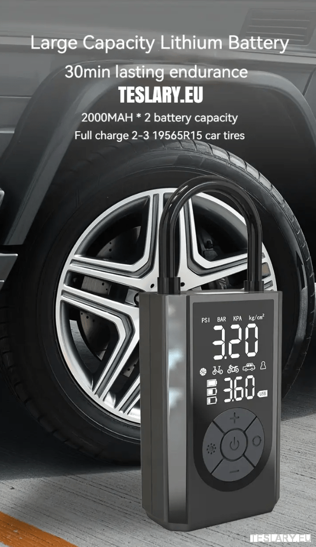 Portable Battery Powered Tyre Compressor for Tesla Model 3 Y S X - 2000Mah - TESLARY Tesla Shop Accessories Europe Nederlands Dublin Cork Ireland Deutschland Espana Alicante France Italia