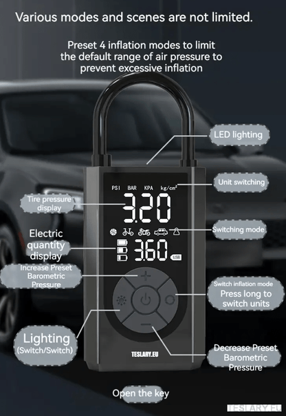 Portable Battery Powered Tyre Compressor for Tesla Model 3 Y S X - 2000Mah - TESLARY Tesla Shop Accessories Europe Nederlands Dublin Cork Ireland Deutschland Espana Alicante France Italia