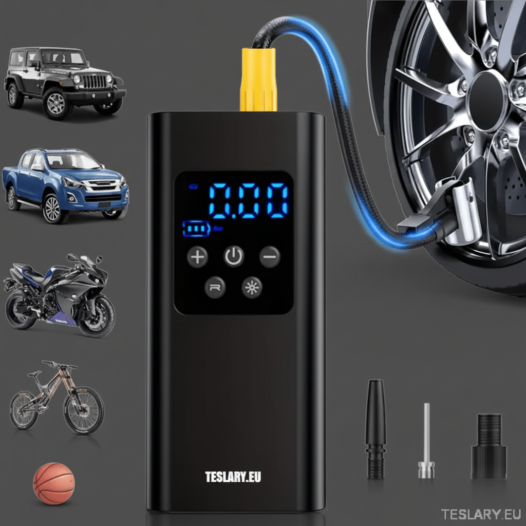 Portable Battery Powered Tyre Compressor for Tesla Model 3 Y S X - 4500Mah - TESLARY Tesla Shop Accessories Europe Nederlands Dublin Cork Ireland Deutschland Espana Alicante France Italia