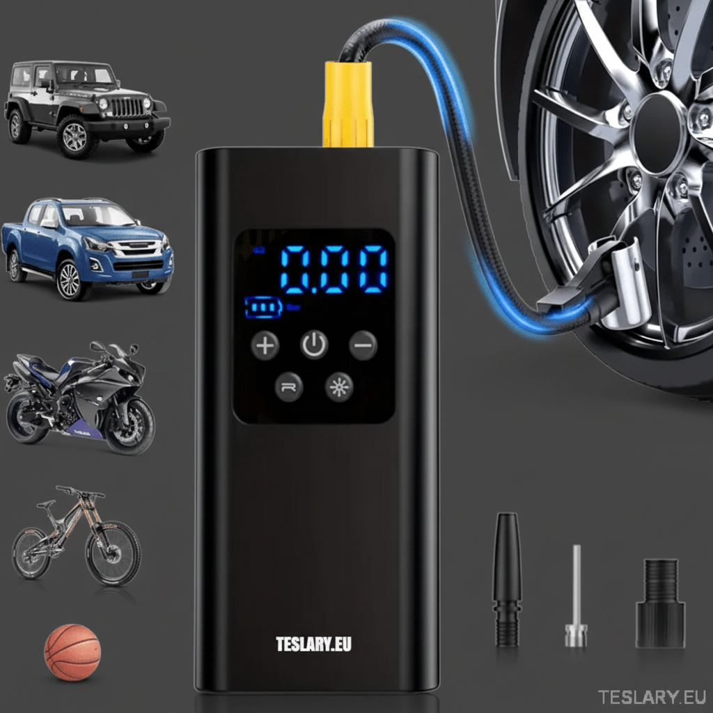 Portable Battery Powered Tyre Compressor for Tesla Model 3 Y S X - 4500Mah - TESLARY Tesla Shop Accessories Europe Nederlands Dublin Cork Ireland Deutschland Espana Alicante France Italia