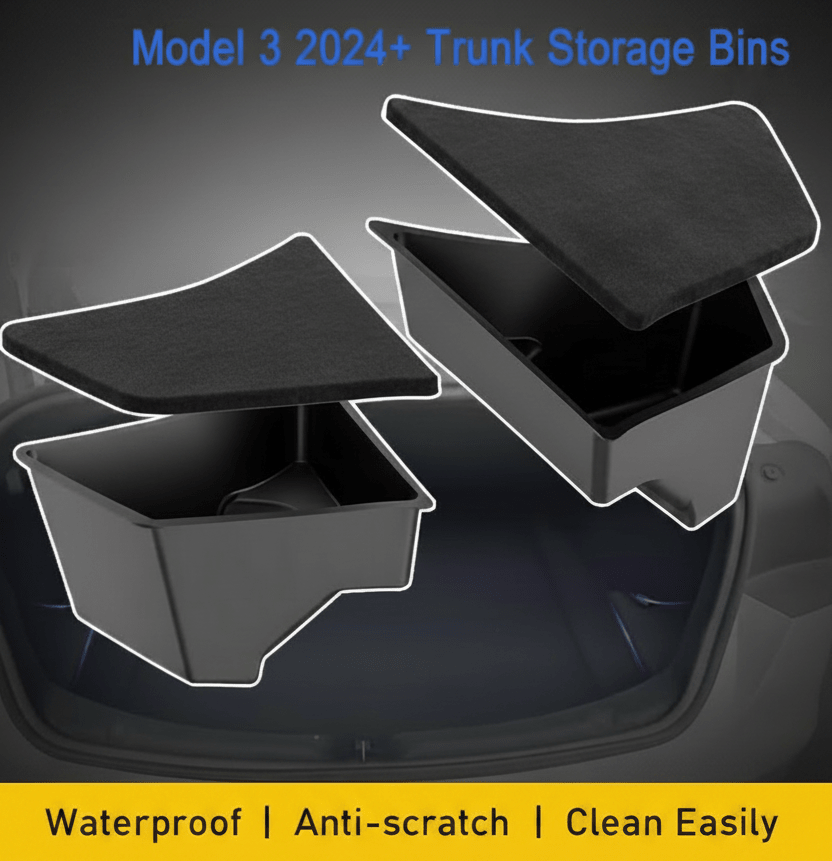 Premium Trunk Organiser Storage Bins with Matching Lids for the Tesla Model 3 Highland Standard & Premium Editions - TESLARY Tesla Shop Accessories Europe Nederlands Dublin Cork Ireland Deutschland Espana Alicante France Italia