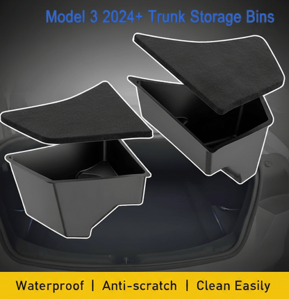 Premium Trunk Organiser Storage Bins with Matching Lids for the Tesla Model 3 Highland Standard & Premium Editions - TESLARY Tesla Shop Accessories Europe Nederlands Dublin Cork Ireland Deutschland Espana Alicante France Italia