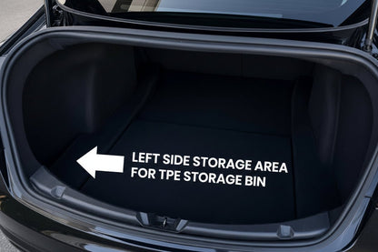 Open trunk interior of a dark-colored car, showing a black carpeted cargo area with the rear hatch and bumper visible. TESLA MODEL 3 2019 2020 2021 2022 2023 LEFT SIDE TRUNK TPE STORAGE BIN ORGANISER WITH LID BUTY FROM EUROPES TESLARY.EU