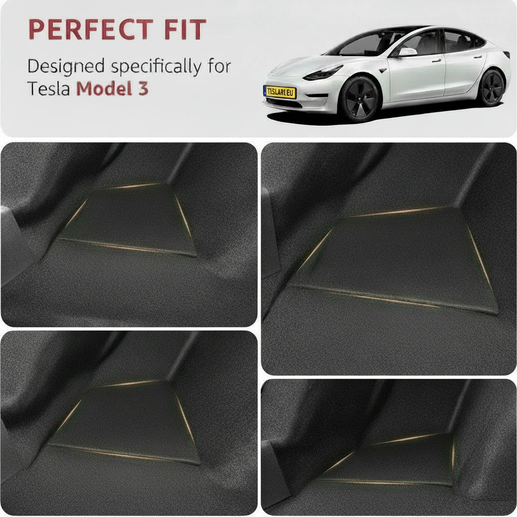 A collage showing a black carpeted trunk liner with orange stitched accents, labeled 'PERFECT FIT' and 'Designed specifically for Tesla Model 3,' alongside a white Tesla Model 3 and close-up views of the liner installed inside the trunk. 2021-2023-tesla-model-3-trunk-storage-bins-waterproof-carpeted-lid-4
