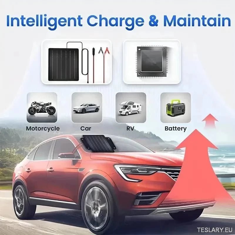 Solar Trickle Charger for Tesla EV 12 Volt Battery - TESLARY Tesla Shop Accessories Europe Nederlands Ireland Deutschland Espana Alicante France Italia
