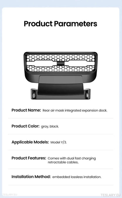 Tesla 3/Y Rear Air Vent USB with Retractable Cables - TESLARY Tesla Shop Accessories Europe Nederlands Ireland Deutschland Espana Alicante France Italia