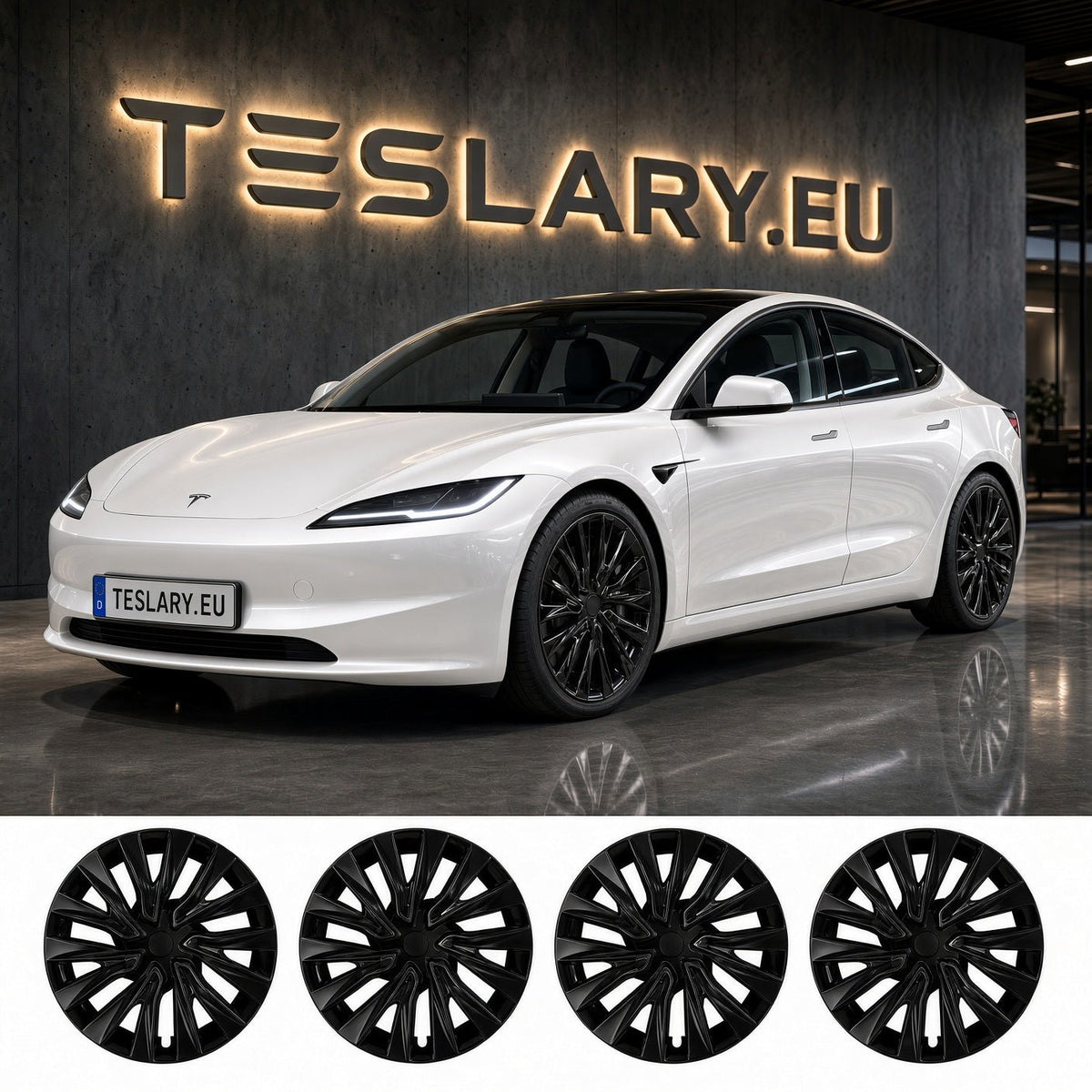 TESLAR MODEL 3 HIGHLAND 18 INCH WHEEL COVERS UBER NOVA PERFORMANCE STYLE GLOSS BLACK FREE DELIVERY WITH FEDEX ACROSS EUROPE FROM IRELAND AND EUROPES TESLARY.EU THE TESLA ACCESSORIES SPECIALISTS