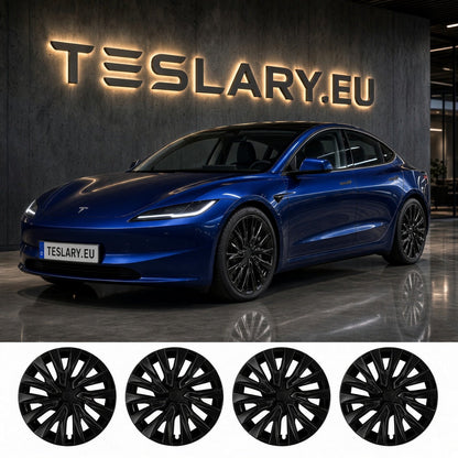 A blue Tesla Model S shown in a showroom with a large illuminated TESLARY.EU sign on the wall, plus four black multi-spoke wheel covers displayed along the bottom. TESLA MODEL 3 HIGHLAND 18 INCH WHEEL COVERS UBER NOVA PERFORMANCE STYLE GLOSS BLACK FREE DELIVERY WITH FEDEX ACROSS EUROPE FROM IRELAND AND EUROPES TESLARY.EU THE TESLA ACCESSORIES SPECIALISTS