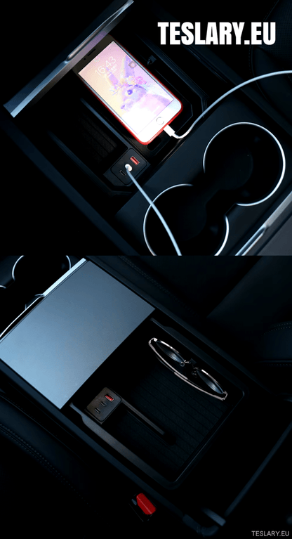 Tesla Model 3+ Highland Centre Storage Trays with USB Ports - TESLARY Tesla Shop Accessories Europe Nederlands Dublin Cork Ireland Deutschland Espana Alicante France Italia