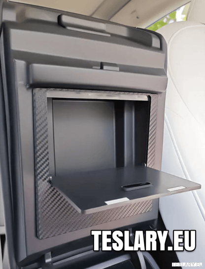 Tesla Model 3 / Y Armrest Hidden Storage Magnetic Lock Carbon Fibre Style Finish - TESLARY Tesla Shop Accessories Europe Nederlands Dublin Cork Ireland Deutschland Espana Alicante France Italia