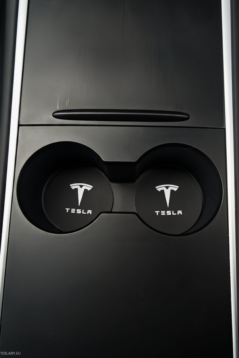 Tesla Model 3 Y S X Black Leather Centre Console Cup Inserts with Logo