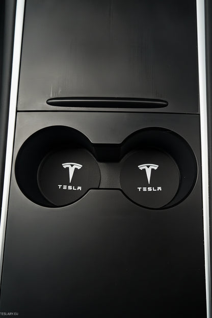 Tesla Model 3 Y S X Black Leather Centre Console Cup Inserts with Logo