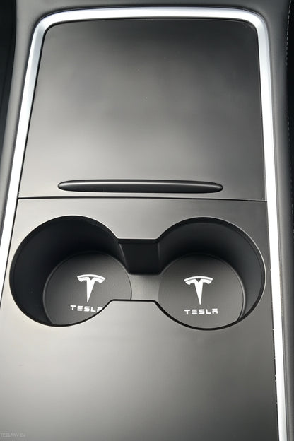 Tesla Model 3 Y S X Black Leather Centre Console Cup Inserts with Logo