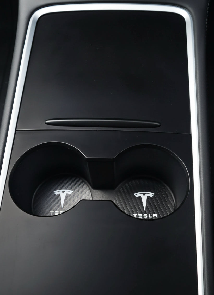 Tesla Model 3 Y S X Black Leather Centre Console Cup Inserts with Logo