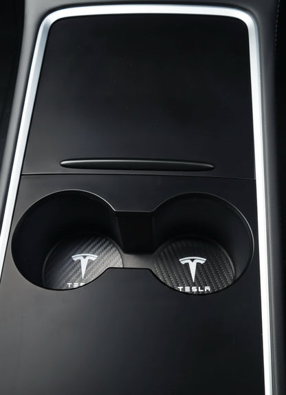 Tesla Model 3 Y S X Black Leather Centre Console Cup Inserts with Logo
