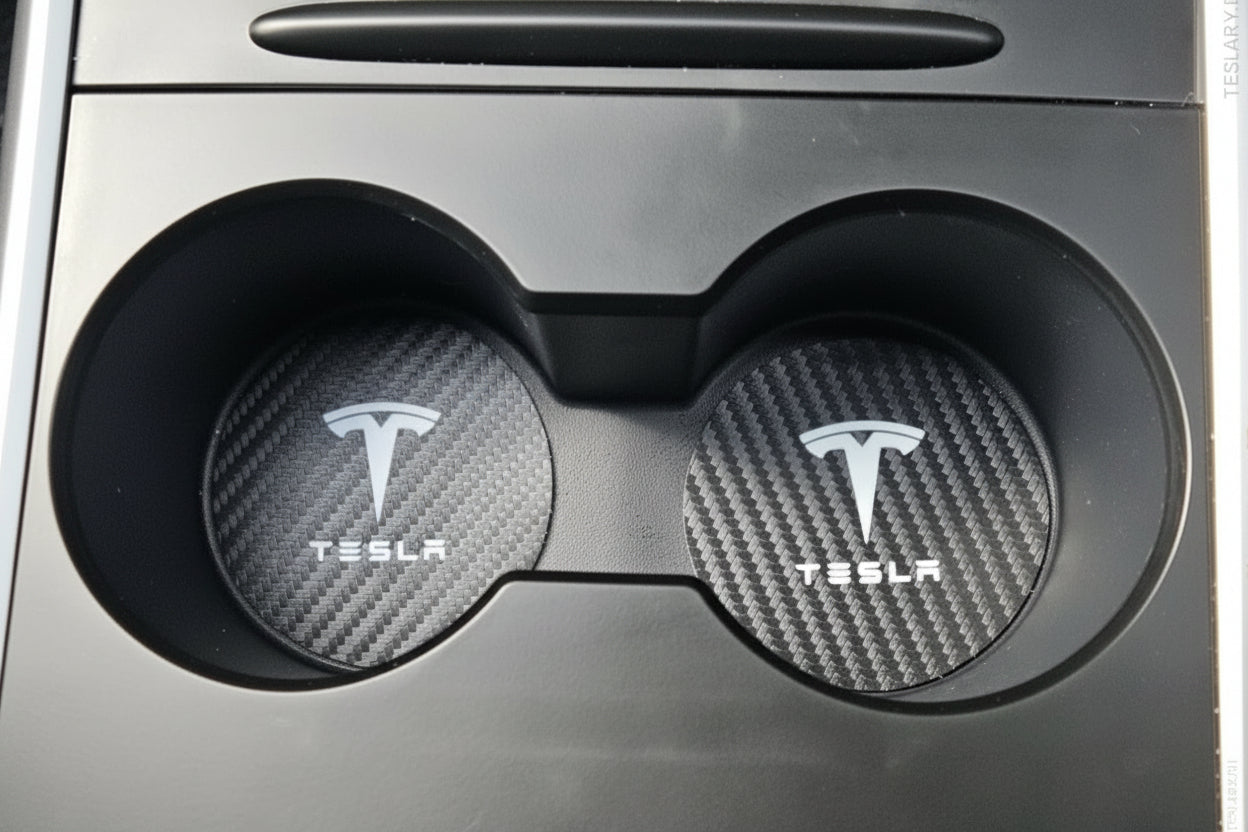 Tesla Model 3 Y S X Black Leather Centre Console Cup Inserts with Logo - TESLARY Tesla Shop Accessories Europe Nederlands Dublin Cork Ireland Deutschland Espana Alicante France Italia