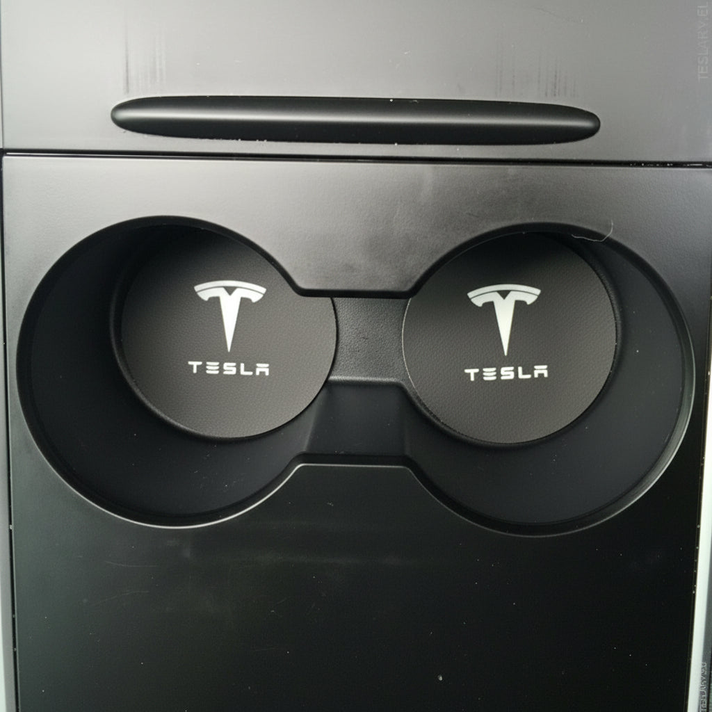Tesla Model 3 Y S X Black Leather Centre Console Cup Inserts with Logo - TESLARY Tesla Shop Accessories Europe Nederlands Ireland Deutschland Espana Alicante France Italia