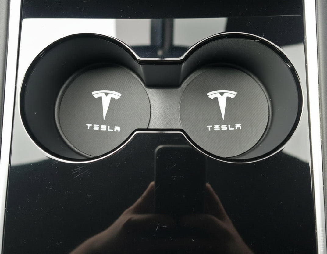 Tesla Model 3 Y S X Black Leather Centre Console Cup Inserts with Logo - TESLARY Tesla Shop Accessories Europe Nederlands Ireland Deutschland Espana Alicante France Italia