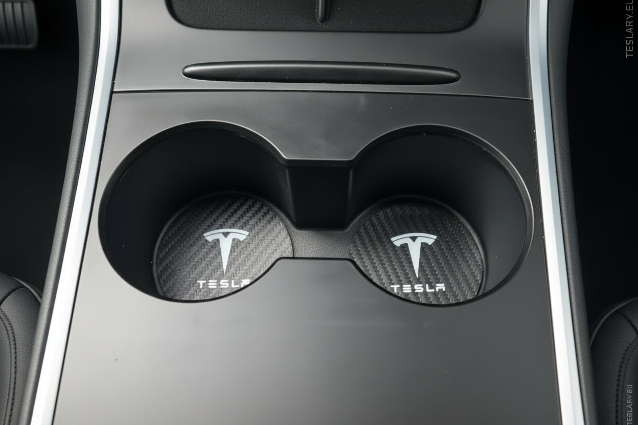 Tesla Model 3 Y S X Black Leather Centre Console Cup Inserts with Logo - TESLARY Tesla Shop Accessories Europe Nederlands Ireland Deutschland Espana Alicante France Italia